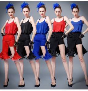Black red royal blue patchwork strap backless spandex women's sexy fashion competition front split performance latin dance leotards dresses outfits